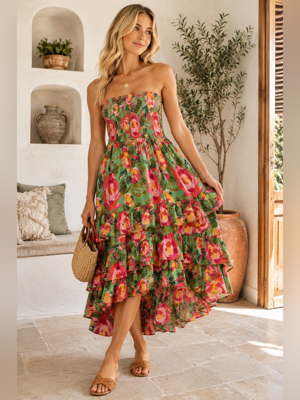 Abel The Label Floral Strapless Smocked Midi Dress M
